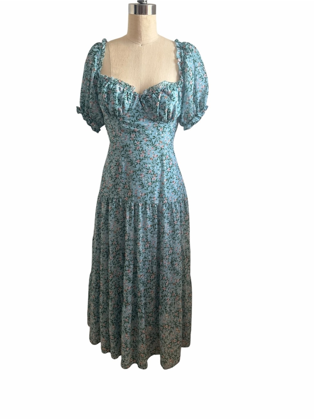 Astr Light Blue Floral Puff-Sleeve Midi Dress